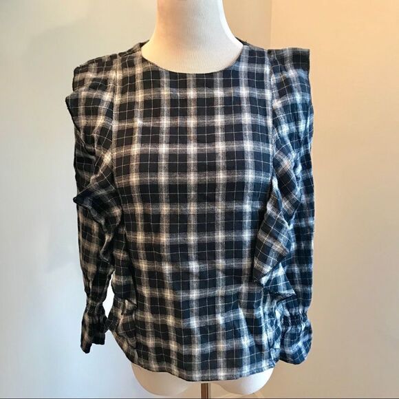 New! Love Notes Plaid Ruffle Long Sleeve Shirt Sz S - Picture 2 of 6